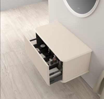 Meuble sous-vasque à suspendre l.95 cm avec plan de toilette, beige coton, Idra