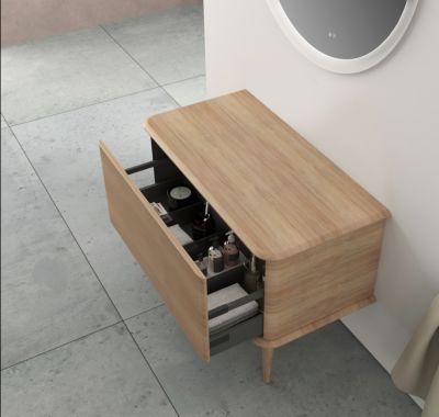 Meuble sous-vasque à suspendre l.95 cm avec plan de toilette et pieds H.29 cm, effet chêne tabac, Idra