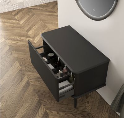 Meuble sous-vasque à suspendre l.95 cm avec plan de toilette et pieds H.29 cm, noir mat, Idra