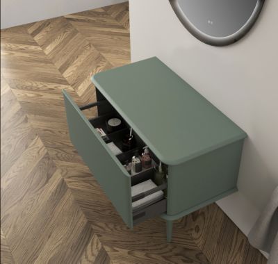 Meuble sous-vasque à suspendre l.95 cm avec plan de toilette et pieds H.29 cm, vert mat, Idra