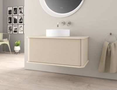 Meuble sous-vasque à suspendre l.95 cm avec plan de toilette et vasque à poser, beige coton, Idra