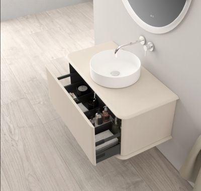 Meuble sous-vasque à suspendre l.95 cm avec plan de toilette et vasque à poser, beige coton, Idra