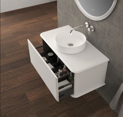 Meuble sous-vasque à suspendre l.95 cm avec plan de toilette et vasque à poser, blanc mat, Idra