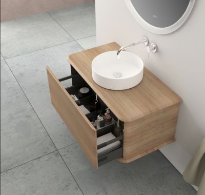 Meuble sous-vasque à suspendre l.95 cm avec plan de toilette et vasque à poser, effet chêne tabac, Idra