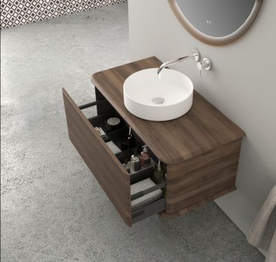 Meuble sous-vasque à suspendre l.95 cm avec plan de toilette et vasque à poser, effet noyer, Idra