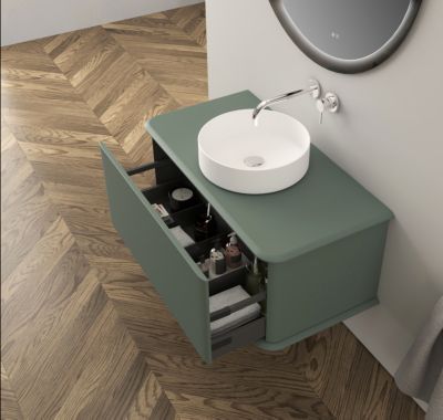 Meuble sous-vasque à suspendre l.95 cm avec plan de toilette et vasque à poser, vert mat, Idra