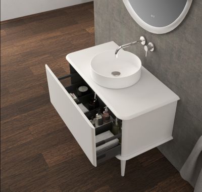 Meuble sous-vasque à suspendre l.95 cm avec plan de toilette, vasque à poser et pieds H.29 cm, blanc mat, Idra