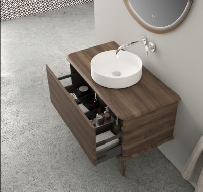 Meuble sous-vasque à suspendre l.95 cm avec plan de toilette, vasque à poser et pieds H.29 cm, effet noyer, Idra