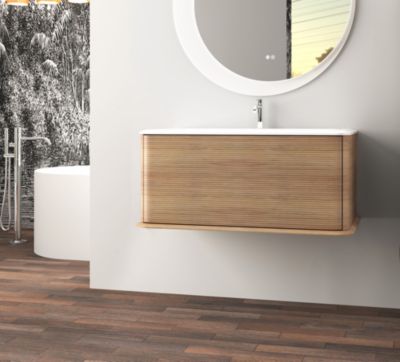 Meuble sous-vasque à suspendre l.95 cm avec plan vasque résine, effet chêne tabac, Idra