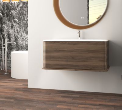 Meuble sous-vasque à suspendre l.95 cm avec plan vasque résine, effet noyer, Idra