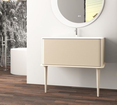 Meuble sous-vasque à suspendre l.95 cm avec plan vasque résine et pieds H.43 cm, beige coton, Idra