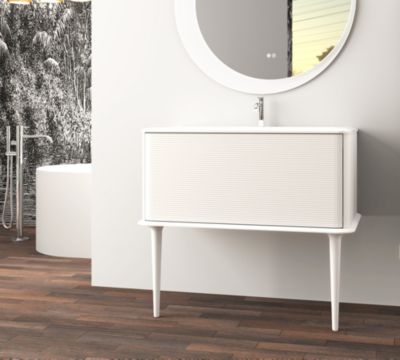 Meuble sous-vasque à suspendre l.95 cm avec plan vasque résine et pieds H.43 cm, blanc mat, Idra