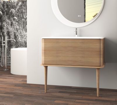 Meuble sous-vasque à suspendre l.95 cm avec plan vasque résine et pieds H.43 cm, effet chêne tabac, Idra