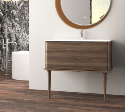 Meuble sous-vasque à suspendre l.95 cm avec plan vasque résine et pieds H.43 cm, effet noyer, Idra