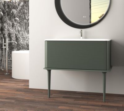 Meuble sous-vasque à suspendre l.95 cm avec plan vasque résine et pieds H.43 cm, vert mat, Idra