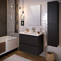 Meuble sous vasque à suspendre Milo noir mat 80 cm + plan vasque en résine blanche + Miroir