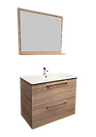 Meuble sous vasque à suspendre Noé décor bois naturel 80 cm + plan vasque céramique blanc + miroir