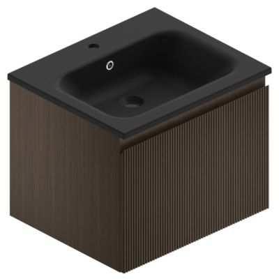 Meuble sous vasque à suspendre Pura placage noyer strié 60 cm + Plan vasque en résine noir mat