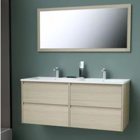 Meuble sous vasque à suspendre Timber décor bois 120 cm + plan double vasque céramique blanche + miroir