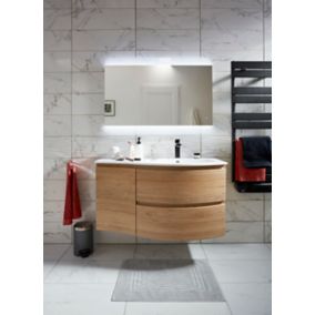 Meuble sous vasque à suspendre Vague décor chêne naturel 104 cm + plan vasque en résine blanc + meuble complément gauche
