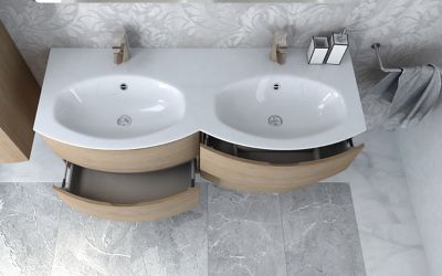 Meuble sous vasque à suspendre Vague décor chêne naturel 138 cm + plan double vasque en résine blanc