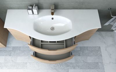 Meuble sous vasque à suspendre Vague décor chêne naturel 138 cm + plan vasque en résine blanc + 2 meubles compléments