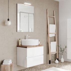 Meuble sous vasque CITY - 2 tiroirs blanc & plan chêne naturel L. 60 cm + miroir - Saniverre