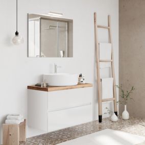 Meuble sous vasque CITY - 2 tiroirs blanc & plan chêne naturel L. 80 cm + miroir - Saniverre