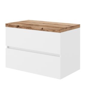 Meuble sous vasque CITY - 2 tiroirs Blanc & plan chêne naturel L. 80 cm - Saniverre