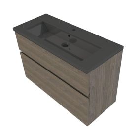Meuble sous vasque faible profondeur à suspendre Calao aspect chêne fumé 90 cm + plan vasque en résine noir