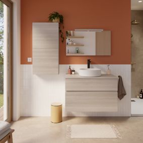 Meuble sous-vasque faible profondeur à suspendre Calao aspect chêne naturel 90 cm + plan de toilette