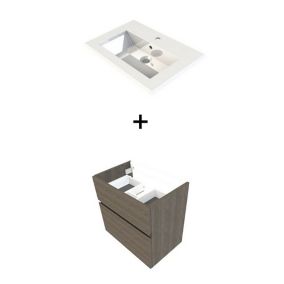Meuble sous vasque faible profondeur Calao aspect chêne fumé 60 cm + plan vasque en résine