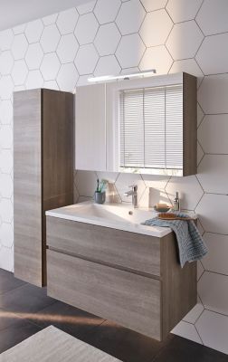 Meuble Sous Vasque Faible Profondeur Cooke Lewis Calao Aspect Chene Fume 90 Cm Plan Vasque En Resine Castorama