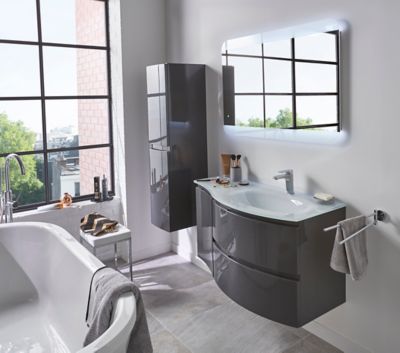 Meuble sous vasque gris anthracite Vague 104 cm + complément gauche + plan vasque en verre