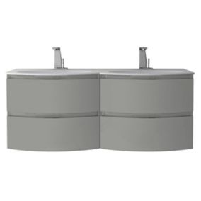 Meuble sous-vasque gris clair Vague 138 cm + plan double vasque en verre