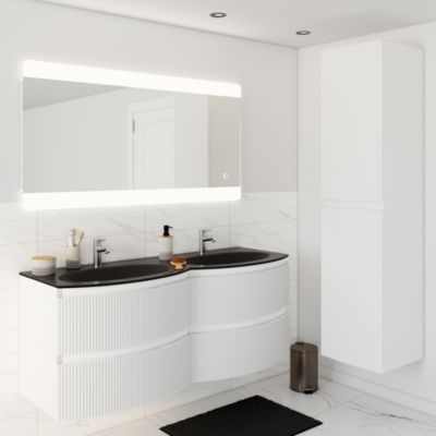 Meuble sous vasque l.69 x H.55 x P.52 cm, blanc mat strié, Vague