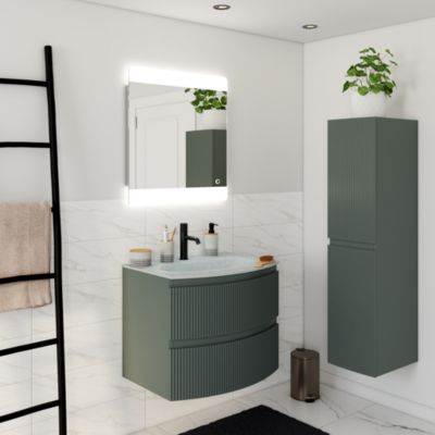 Meuble sous vasque l.69 x H.55 x P.52 cm, vert mat strié, Vague
