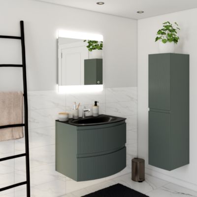 Meuble sous vasque l.69 x H.55 x P.52 cm, vert mat strié, Vague