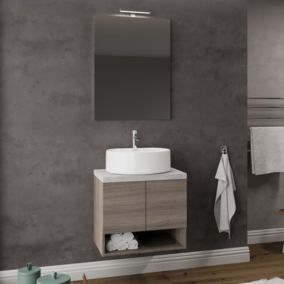 Meuble sous vasque OSLO - Chêne fumé & plan à poser Gris béton L. 60 cm + miroir - Saniverre