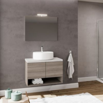 Meuble sous vasque OSLO - Chêne fumé & plan à poser Gris béton L. 80 cm + miroir - Saniverre