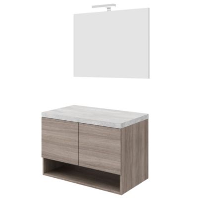 Meuble sous vasque OSLO - Chêne fumé & plan à poser Gris béton L. 80 cm + miroir - Saniverre