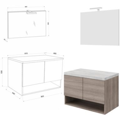 Meuble sous vasque OSLO - Chêne fumé & plan à poser Gris béton L. 80 cm + miroir - Saniverre