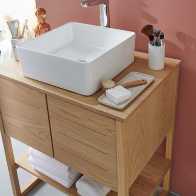 Meuble sous vasque plaqué chêne    ATOLL 70cm + vasque + miroir carré