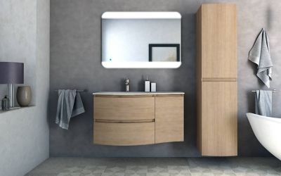 meuble sous vasque a suspendre cooke lewis vague decor chene naturel 104 cm plan vasque en resine blanc meuble complement droite castorama