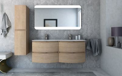 meuble sous vasque a suspendre cooke lewis vague decor chene naturel 138 cm plan double vasque en resine blanc castorama