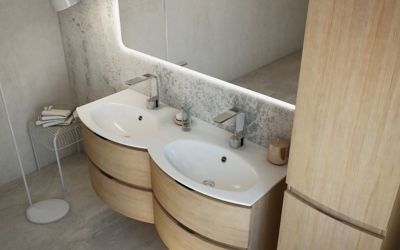 meuble sous vasque a suspendre cooke lewis vague decor chene naturel 138 cm plan double vasque en resine blanc castorama