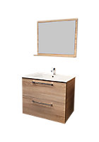 Meuble sous vasque à suspendre Noé décor bois naturel 80 cm + plan vasque céramique blanc + miroir