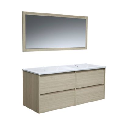 meuble sous vasque a suspendre timber decor bois 120 cm plan double vasque ceramique blanche miroir castorama