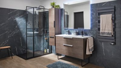 Meuble Sous Vasque A Suspendre Urban Aspect Noyer 120 Cm Plan Double Vasque En Resine Blanc Castorama