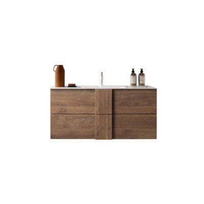 Meuble sous-vasque suspendu 101 cm Chêne noisette + vasque + miroir led - STARS